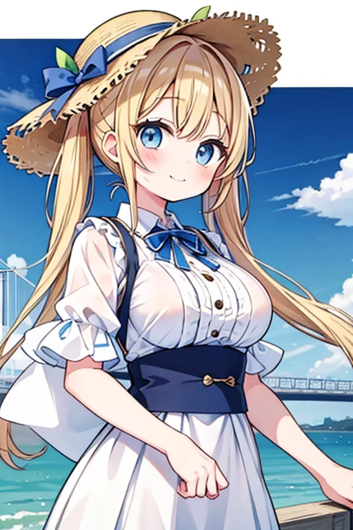 Blonde with blue eyes、Lolita、Large Breasts、Twin tails、Girl Brat,Medium Breasts,Cute eyes,Puffy eyes,Akashi Kaikyo Bridge,Japan,Hyogo,Smile,enjoy,Straw hat,