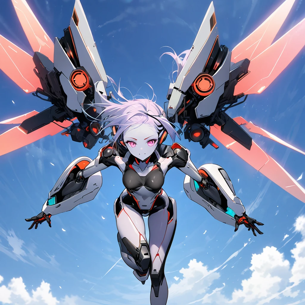 science fiction, android girl(full metal skin, cyber joint, metal hair), over the sky, flight wings
