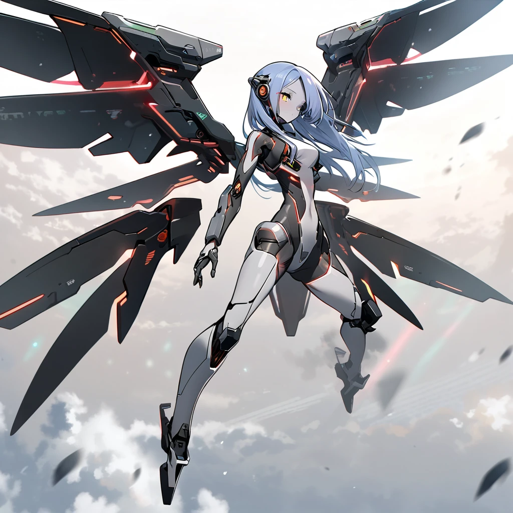 science fiction, android girl(full metal skin, cyber joint, metal hair), over the sky, flight wings