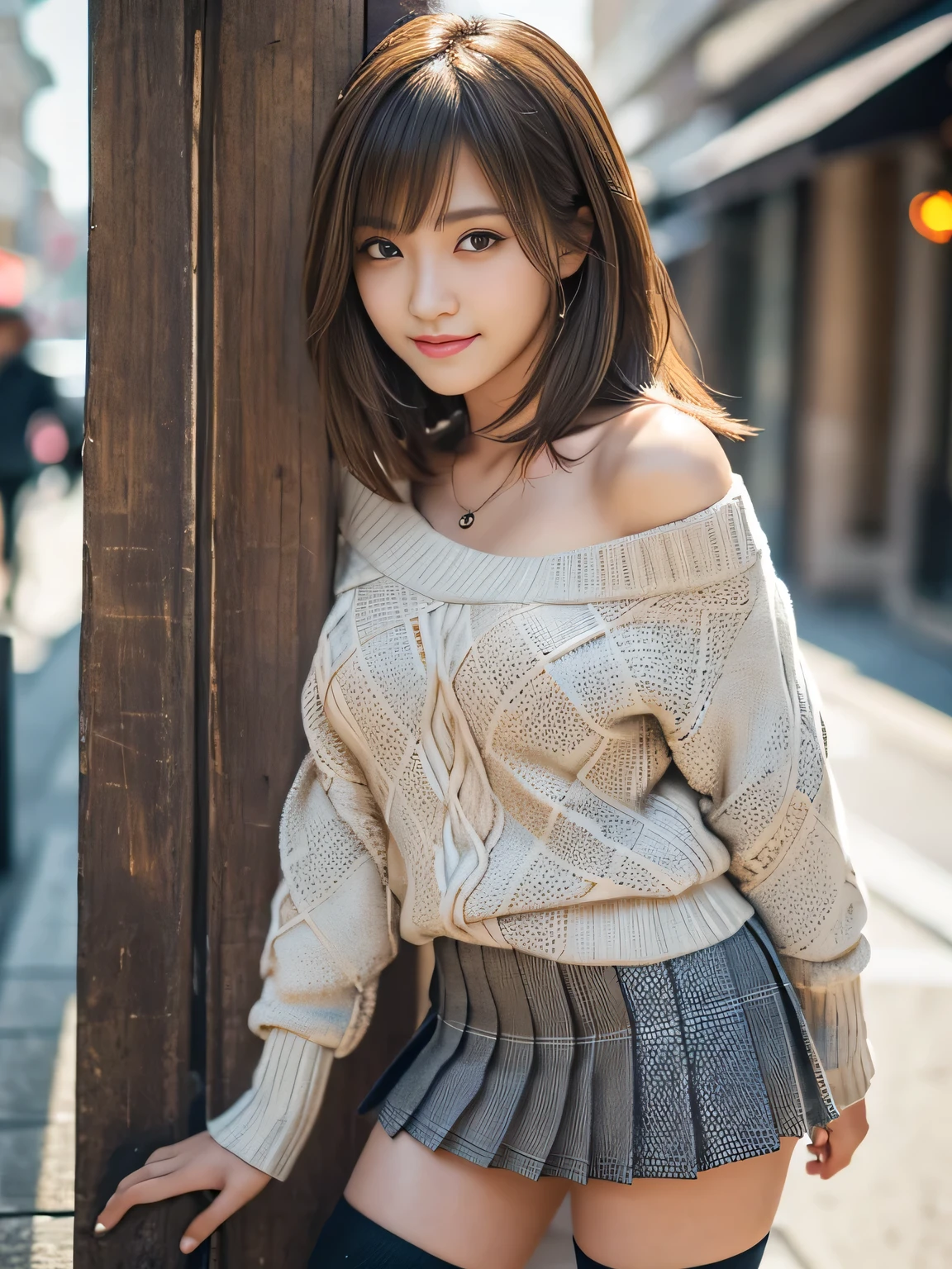 masterpiece, best quality, ultra-detailed, intricately detailed hyperdetailed, realistic, sharp features, highly detailed, sharp focus, (18 years old:1.3), Japanese Idol, perfect face, perfect symmetrically eyes, perfect full lips, hyper detailed, hyper realistic, high resolution, Fashion Model, Slender, Stylish, Realistic, Photorealistic:1.3, Beautiful Face, light brown hair, messy hair, asymmetrical bangs, Neat clothes, (smile), (looking at viewer), cinematic lighting, blurred background, (Argyle knit:1.2), ((Pleated miniskirt, black high socks)), (leaning on wall),