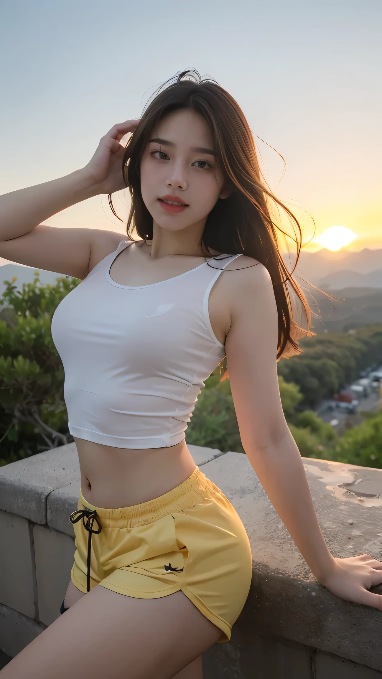 no, Ray Tracing, Radio City, Anisotropic filtration, 16,000, best quality, 1 woman, alone, mature, beautiful tourist, Shorts, hiking tank top, Gradient long hair, climbing equipment、laugh、sunset , big breasts、A small path in the wilderness