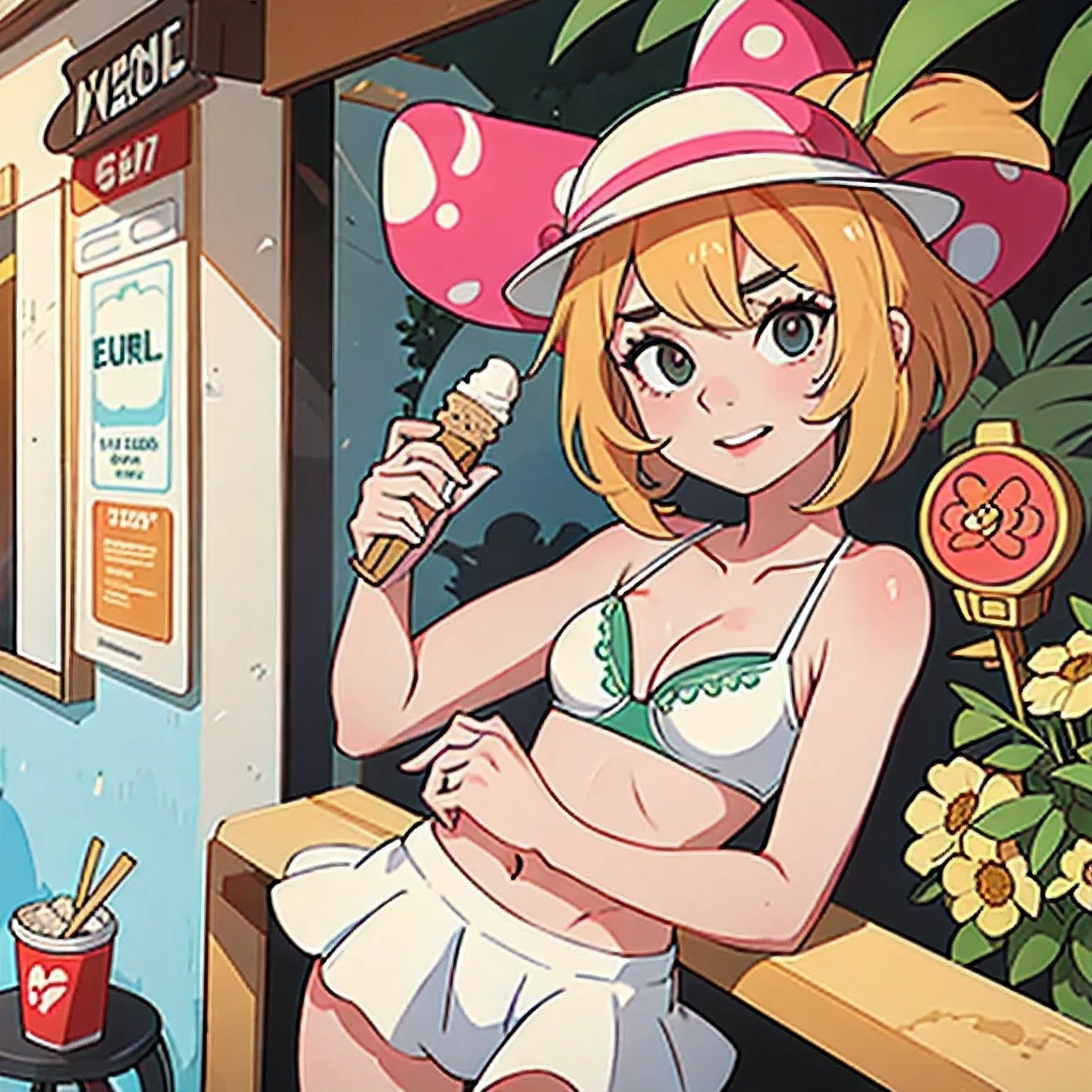 girl in a bikini eating an ice cream cone, eating ice cream, in a bikini, angela white, giorgia meloni, katy perry, in bikini, eating ice - cream, wearing spandex bikini, ice cream on the side, bikini, ice cream, wearing a bikini, candid photo of dirty, shiny plastic bikini, candid shot, cone, 1 girl, solo,in a green dress standing by a wall,portrait of female idol