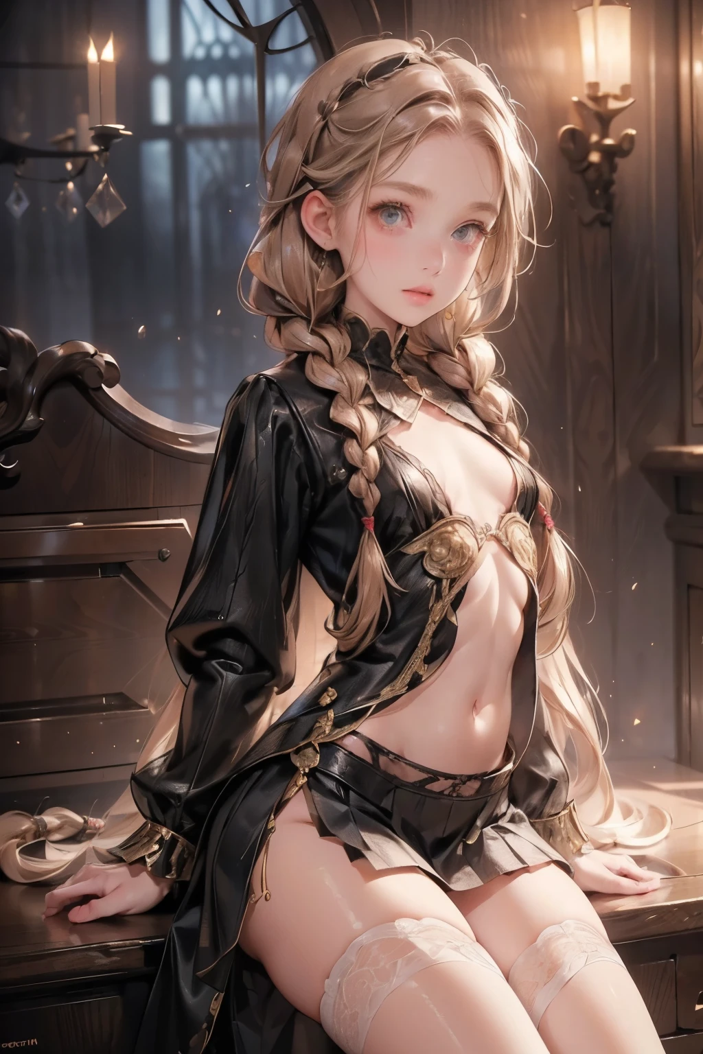 ((best quality)), ((masterpiece)), (detailed), 1girl, (big forhead:1.2),extremely detailed cute anime face, (((flat chest))), (flat chest:1.1),((((long twin braids,tight braids,long braid,braided hair,long hair)))),intricate eyes,beautiful detailed eyes,symmetrical eyes,(((detailed face))),beautiful detailed lips, dynamic pose, looking at this, resolved, resolute, highres,(best quality),(ultra detailed,extremely detailed),perfect face details, ((masterpiece:1.4, best quality))+, (ultra detailed)+, long twintails, cute girl, (flat chest:1.1), small breasts, slim body, skinny, prominent collarbones, skinny arms, flat stomach, visible hip bones, long hair, red hair, white hair, blonde hair, dark hair, ponytail, thick ponytail, heavy ponytail, small breasts, perfect face, small breasts (flat chest:1.1),  Detailed body，Full limbs, (flat chest:1.1), A female knight，Yellow hair，diadems, Wide-angle, Bokeh, Wide-angle, High details, High quality, High Quality anime art style, Masterpiece, bloodborne inspired, bloodborne aesthetic, ornate gothic attire, gothic, occult aesthestic, occult, whole body, full body, body, ornate mourning wear, templar knight inspired, red and white clothing,