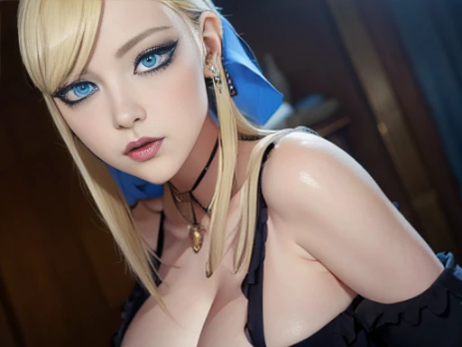 Attractive girl with big blue eyes, White skin, eyeliner blonde hair with bangs, voluminous lips, thin nose, slender bodies, nsfw big tits, Image 1.2, high resolution 12k gothic makeup fanart Awesome 