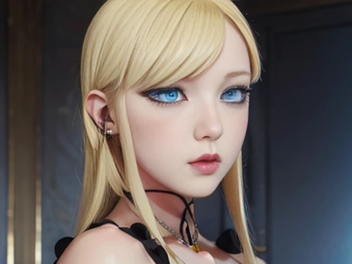 Attractive girl with big blue eyes, White skin, eyeliner blonde hair with bangs, voluminous lips, thin nose, slender bodies, nsfw big tits, Image 1.2, high resolution 12k gothic makeup fanart Awesome 