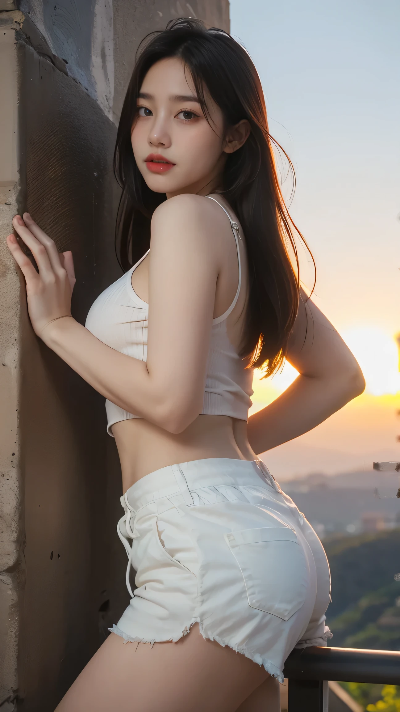 no, Ray Tracing, Radio City, Anisotropic filtration, 16,000, best quality, 1 woman, alone, mature, beautiful tourist, Shorts, hiking tank top, Gradient long hair, climbing equipment、laugh、sunset , big breasts、valley