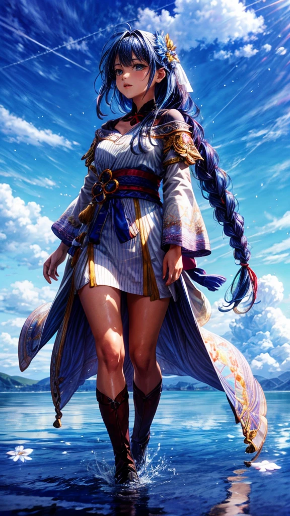 1girl, looking up at the sky, vast landscape, blue sky, outdoor, backview, flowers at her feet, wind blowing hair, reflection on water surface, anime style, detailed facial features, beautiful eyes, cute expression, serene, peaceful, dreamlike, vibrant colors, soft lighting, high quality, 8k, photorealistic, masterpiece, digital art,masterpiece,best quality,ultra detailed,high-resolution,8k portrait,unity 8k wallpaper,extremely detailed CG unity 8k wallpaper
