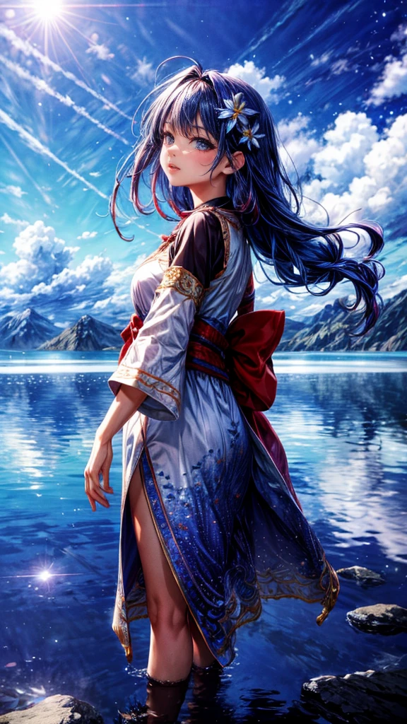 1girl, looking up at the sky, vast landscape, blue sky, outdoor, backview, flowers at her feet, wind blowing hair, reflection on water surface, anime style, detailed facial features, beautiful eyes, cute expression, serene, peaceful, dreamlike, vibrant colors, soft lighting, high quality, 8k, photorealistic, masterpiece, digital art,masterpiece,best quality,ultra detailed,high-resolution,8k portrait,unity 8k wallpaper,extremely detailed CG unity 8k wallpaper
