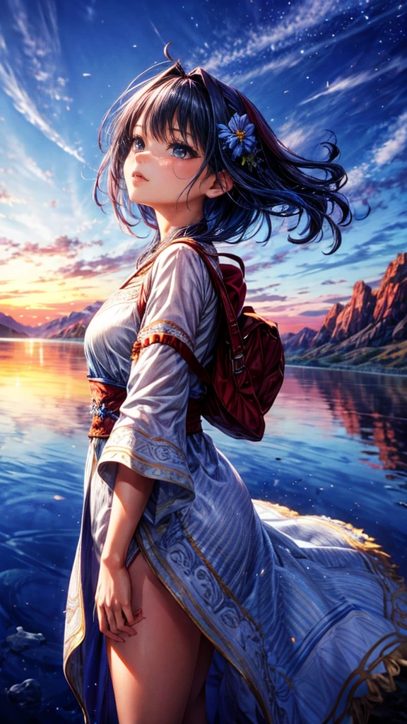 1girl, looking up at the sky, vast landscape, blue sky, outdoor, backview, flowers at her feet, wind blowing hair, reflection on water surface, anime style, detailed facial features, beautiful eyes, cute expression, serene, peaceful, dreamlike, vibrant colors, soft lighting, high quality, 8k, photorealistic, masterpiece, digital art,masterpiece,best quality,ultra detailed,high-resolution,8k portrait,unity 8k wallpaper,extremely detailed CG unity 8k wallpaper