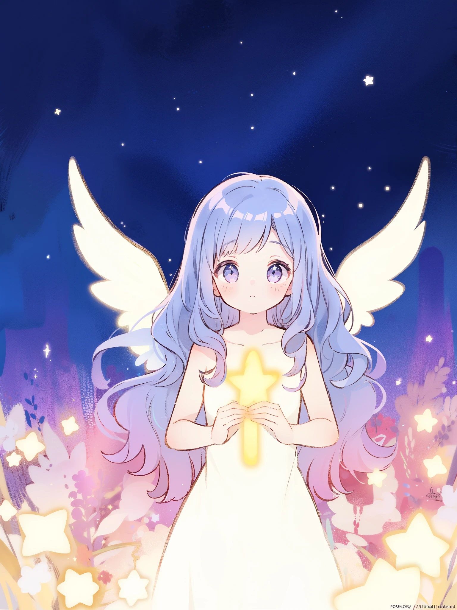 nude angel girl wearing an ethereal translucent dress, pale skin, ((wavy gradient blue purple hair)), white feathers, angel wings, sparkling detailed eyes, golden ratio face, perfect composition, highly detailed, ethereal, (starry night sky background), midjourney style