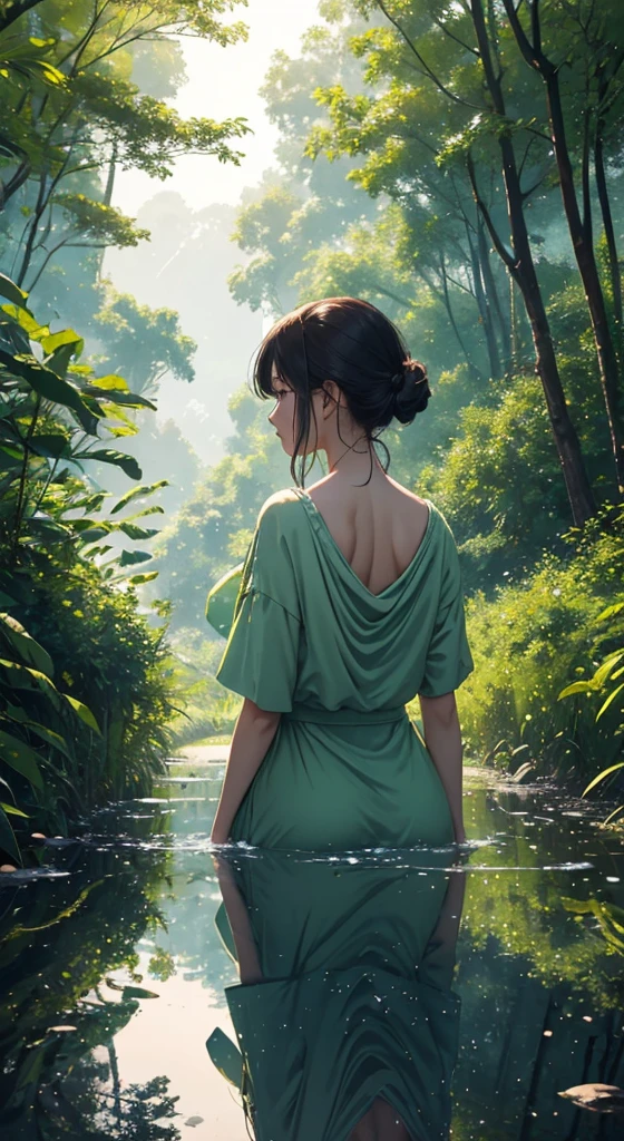 4K,Every green空 carries the promise of a new dawn, Paving the way for a beautiful beginning,Beautiful nature paintings. green,green空, A woman is reflected in the photo.、Back view