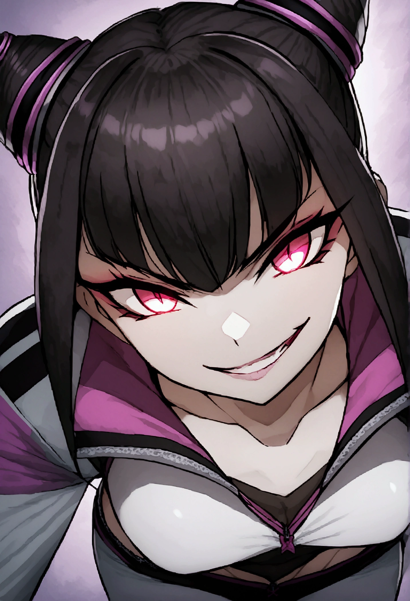 dark eye shadow,shining eyes,beautiful young fitness woman with , in a gym wearing May with black pantyhose, white and black gym jacket. standing alone,hair horns,red eyes glowing,Evil smile,legging preto ,labiaa,dark eye shadow,shining eyes,close up,hair with purple details evil smile
