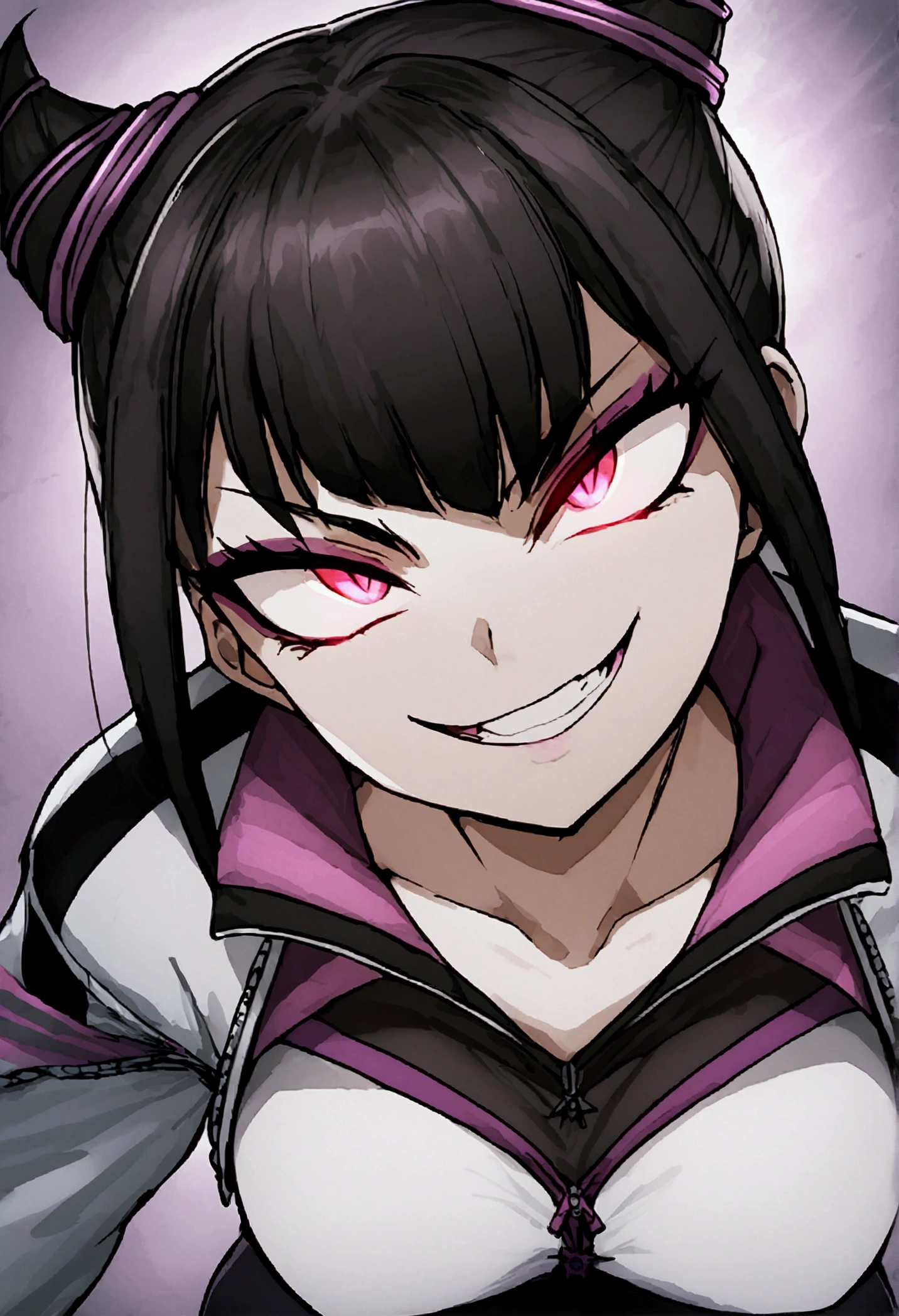 dark eye shadow,shining eyes,beautiful young fitness woman with , in a gym wearing May with black pantyhose, white and black gym jacket. standing alone,hair horns,red eyes glowing,Evil smile,legging preto ,labiaa,dark eye shadow,shining eyes,close up,hair with purple details evil smile
