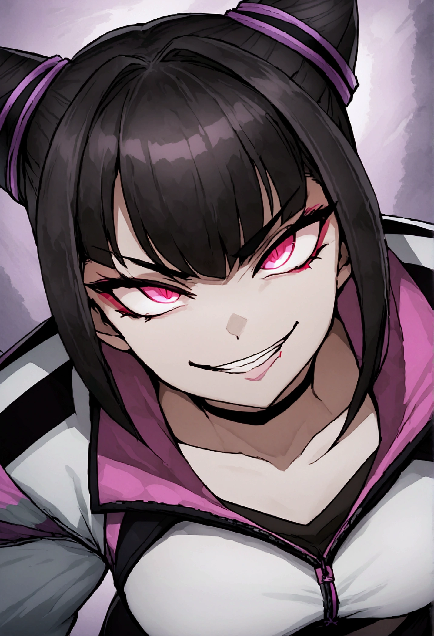 dark eye shadow,shining eyes,beautiful young fitness woman with , in a gym wearing May with black pantyhose, white and black gym jacket. standing alone,hair horns,red eyes glowing,Evil smile,legging preto ,labiaa,dark eye shadow,shining eyes,close up,hair with purple details evil smile
