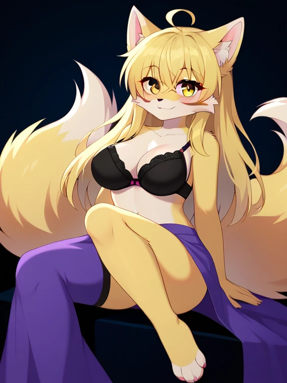 by fluff-kevlar, by ouka, by Kilinah, (((woman, , antrum, extremely detailed, extremely detailed legs, extremely detailed arms, extremely detailed face, perfectly detailed eyes, perfectly detailed anatomy))): 1.2, beautiful and detailed portrait of an anthropomorphic vixen (le))), anthro, female, fox, high definition, good anatomy, yellow fur, yellow body, simple background, highly detailed face, deep yellow iris, yellow eyes, yellow hair, long hair, kitsune, multiple tails, dark lighting, moody lighting, full body, sexy body, sy body, sexy face, nice,, cute, pawpads, paws, showing feet, magical levitating, night, blushing, frily smile, smile, friendly, elegant, dark, mysterious, alluring, beautiful, thigh highs, purple yukata, bra, underwear