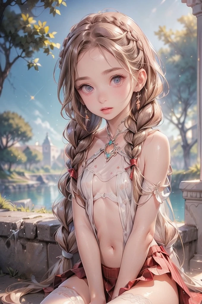 ((best quality)), ((masterpiece)), (detailed), 1 Girl, off-shoulder Loose sweater,Clothes are too big, Exposing the body,(Small chest),(Big forehead:1.2),(Beautiful big eyes:1.3),extremely detailed cute anime face, (((flat chest))),((((long double braids,tight braids,Long braids,Braided Hair,Long scissors,Colored undercoat)))),Complex eyes,beautiful detailed eyes,Symmetrical eyes,((((Glowing skin:1.5,Bright skin: 1.5,Glowing skin,very Glowing skin,Shiny body,Reflective Skin)))),(((detailed face))),beautiful detailed lips,(National Foundation)), ((Low-cut, Scenery under the skirt)),(Loose, Baggy clothes, Scenery under the skirt, Low-cut), Dynamic poses,Looking at the audience, (((Awkward))),(Frightened expression),high resolution,(best quality),(ultra detailed,extremely detailed),Perfect face details, ((masterpiece:1.4, best quality))+, (ultra detailed)+, Long twin tails, (White stockings), Cute girl,Blue clothes, (flat chest:1.3), National Foundation, Small Breasts, Protruding collarbone, Skinny arms, Flat belly, Visible hip bone, Long hair, Red hair, White hair, Blonde Hair, Black Hair, Ponytail, thick Ponytail, heavy Ponytail, Small Breasts, National Foundation