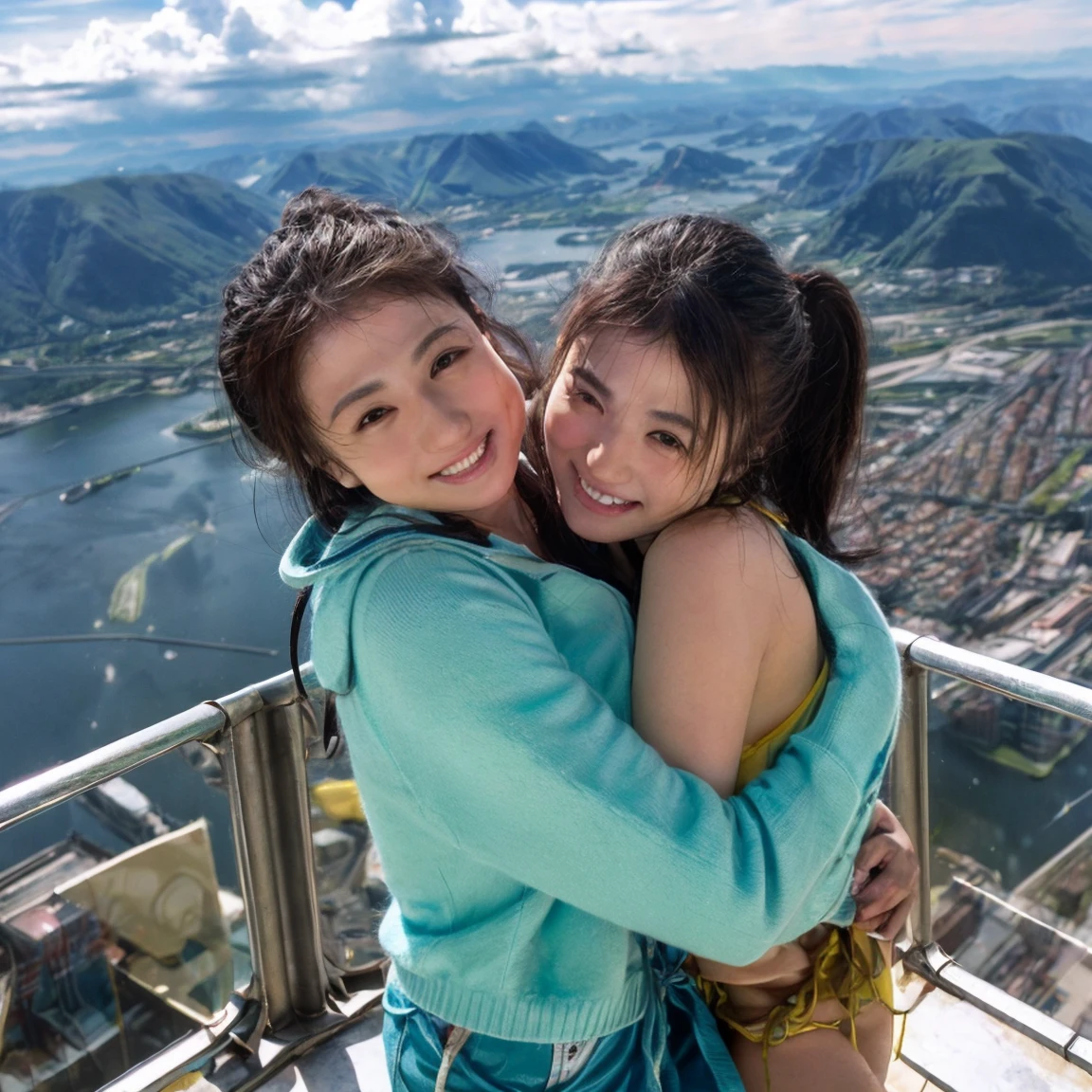 Identical twin sisters hugging each other、16 years old、,of(8k、Live Shooting、Highest quality、masterpiece:1.2)、Very detailed、Super Resolution、(Hyper Genuineity、)Very detailed、Super Resolution、(Genuine、Actual photo:1.47)、 exhilarating roofExcellent selfie of a confident womof with black hair in a long,She is beaming as she looks out over the ultra-modern city below... This high ofgle,Fisheye lens photo of her in mountaineering clothes、Highlight the spaghetti straps **** Excellent,Climbing Pofts,A glimpse of the distoft sea、This aerial photograph is complete...,