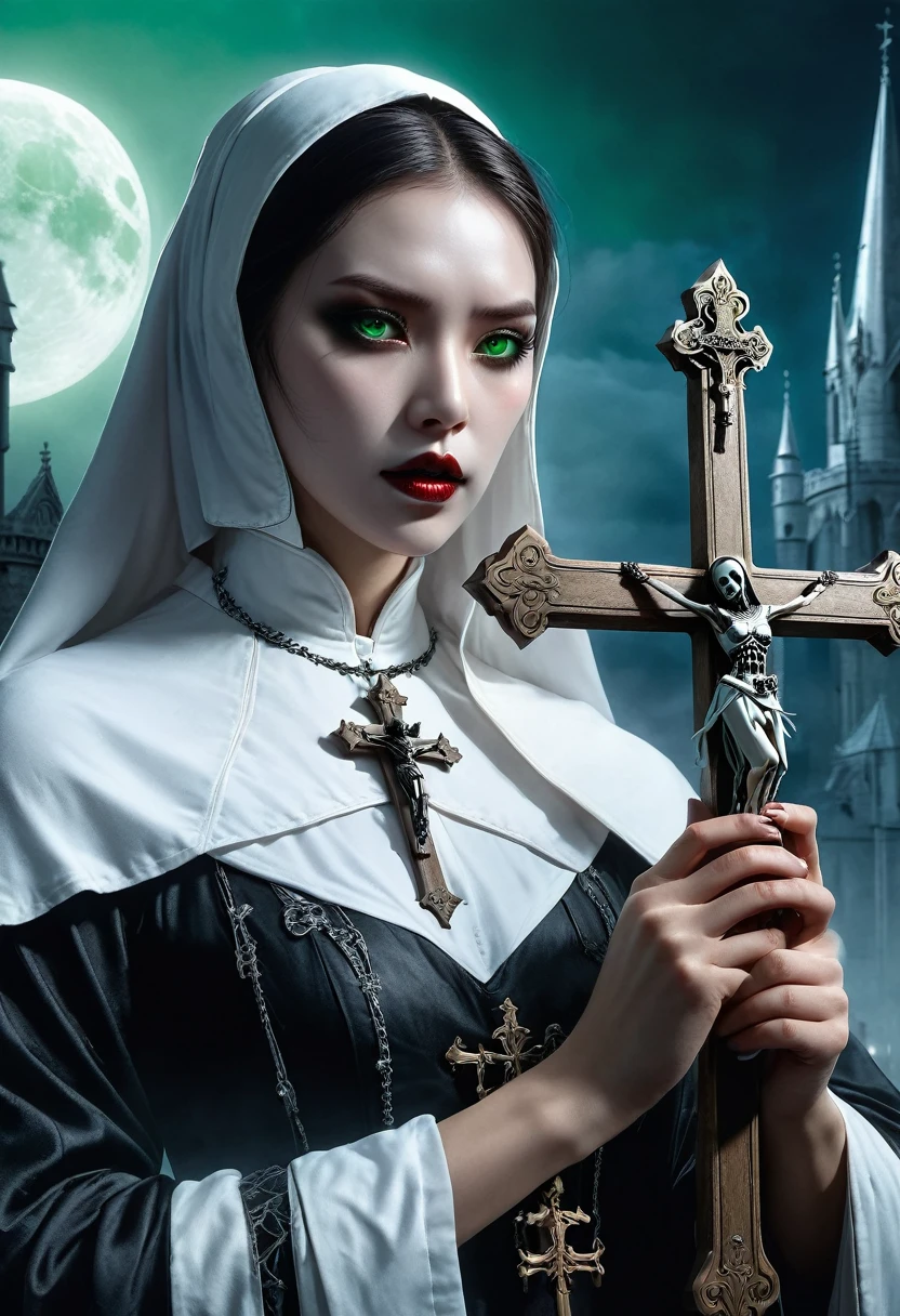 a poster of a 修女 holding a cross in her hands, an evil ,(dark fantasy), (Super wide angle moonlight), Gothic castle front, Skeleton Nun (bow your head, Wearing ragged nun clothes,green eyes, open mouth) , concept digital art, Sky blue and gray, (masterpiece, best quality, ultra high definition, Very detailed, movie lighting), Gothic