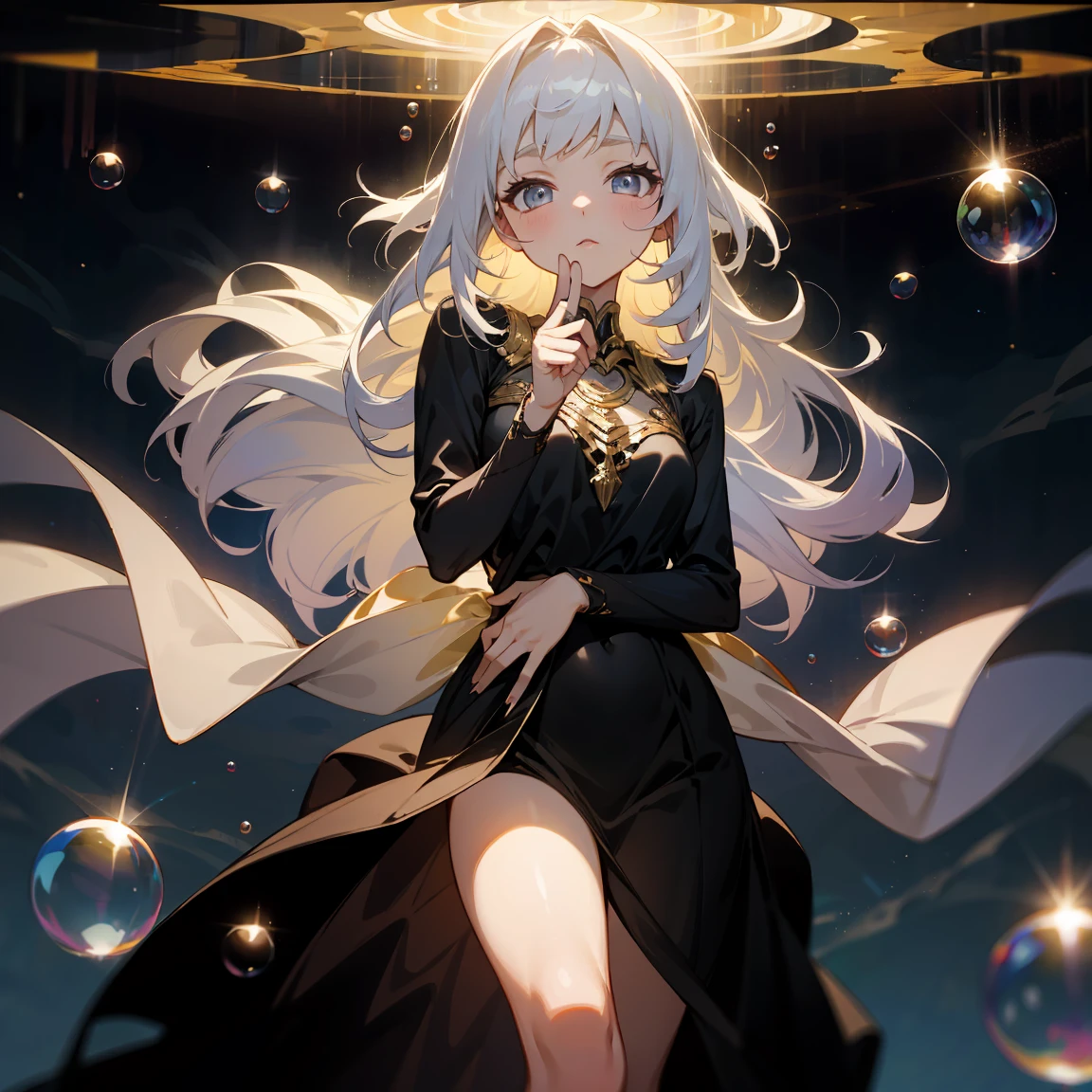 1 adult, masterpiece, best quality, woman, look at the viewer, ((she touching a bubble)), in the universe, with a black dress, golden details, ((looking pretty)), ((very confident)), white hair, silver eyes, long straight hair, many bubbles around, beautiful body, self-confident, powerful, epic, bubbles falling, conceptual art, goddess, divine light from heaven