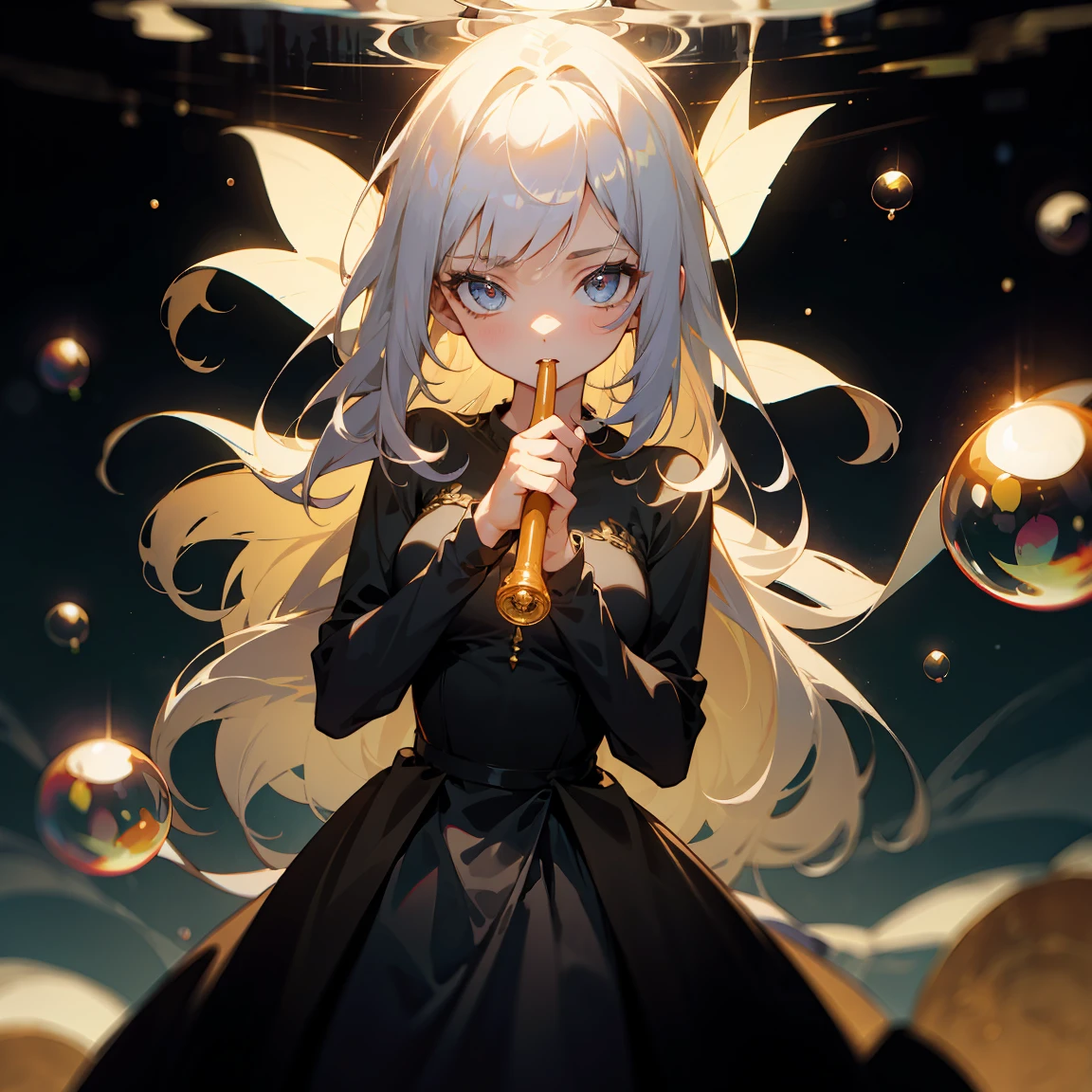 1 adult, masterpiece, best quality, woman, look at the viewer, ((she touching a bubble)), in the universe, with a black dress, golden details, ((looking pretty)), ((very confident)), white hair, silver eyes, long straight hair, many bubbles around, beautiful body, self-confident, powerful, epic, bubbles falling, conceptual art, goddess, divine light from heaven
