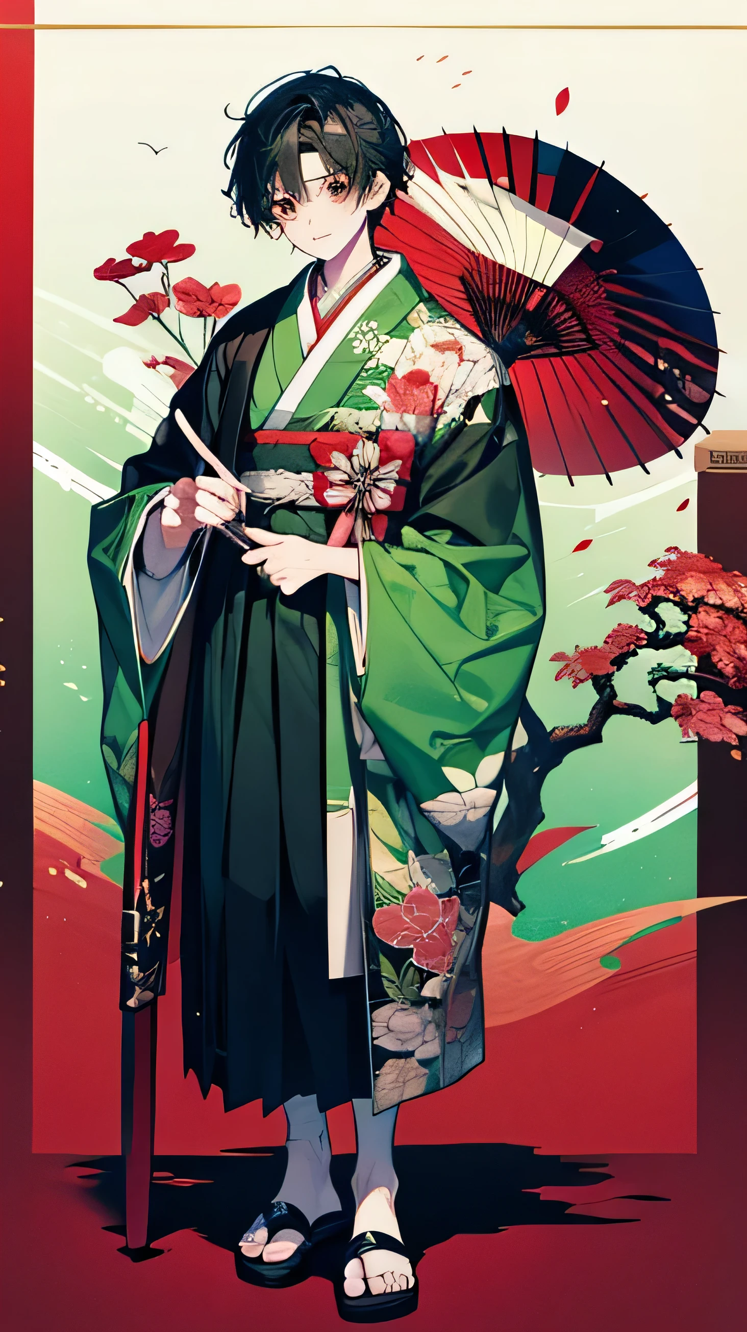 1boy, solo, looking at viewer, floral print, floral print sash, flower, full body, hakama, gradient background, green kimono, holding, holding umbrella, japanese clothes, kimono, sleeves, hakama skirt, obi, oil-paper umbrella, okobo, print kimono, red eyes, red flower, sandals, sash, smile, sword, tabi, umbrella, weapon, black hair, white legwear, wide sleeves
