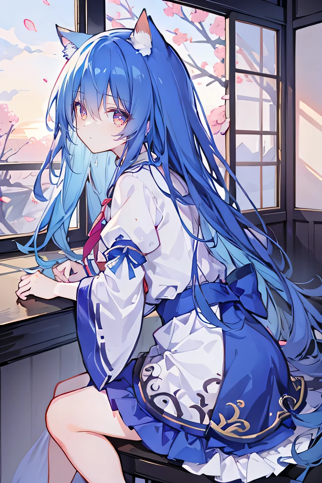 (masterpiece:1.2),Super detailed,lifelike,Expressive eyes,fair skin,perfect face shape,1 girl,
Japanese comics,Gorgeous blue hair,flowing blue hair,flowing clothes,Cat ears,Petals fall,beautiful lola,Baby Angel,
Shaking head with one hand,Cross your legs,,The pavilion is cool and comfortable,smile,back views,sunrise,Petals fall,sunrise,sitting on window sill drinking coffee and looking out the window。