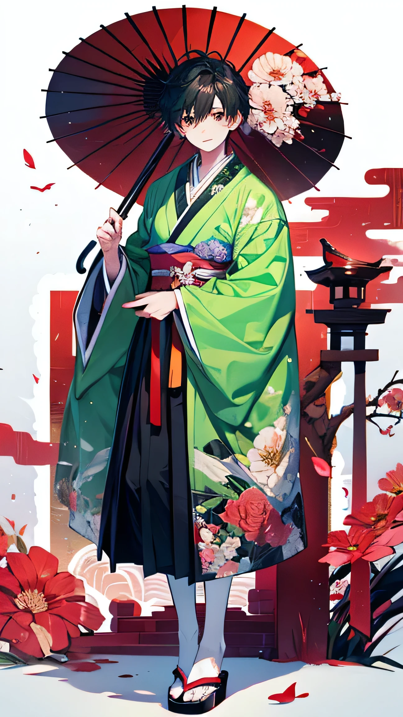 1boy, solo, looking at viewer, floral print, floral print sash, flower, full body, hakama, gradient background, green kimono, holding, holding umbrella, japanese clothes, kimono, sleeves, hakama skirt, obi, oil-paper umbrella, okobo, print kimono, red eyes, red flower, sandals, sash, smile, sword, tabi, umbrella, weapon, black hair, white legwear, wide sleeves
