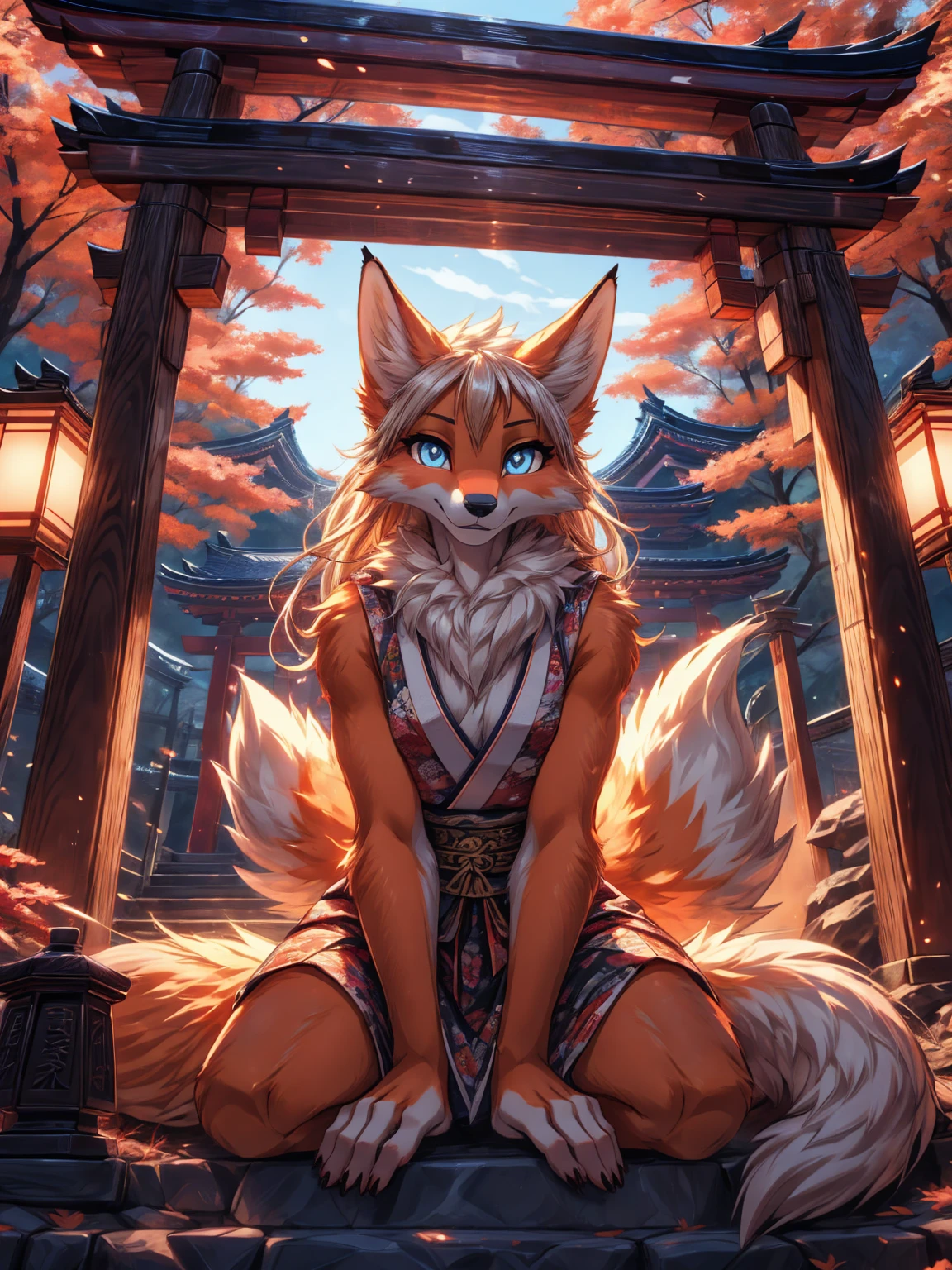 Kitsune white fur add high definition_detagregate_detail:1, japanese shrine scenery add_detail:1, Whole body_detail, under a tori gate, super detailed pupils, beautiful eyes, bright pupils, jack-o position