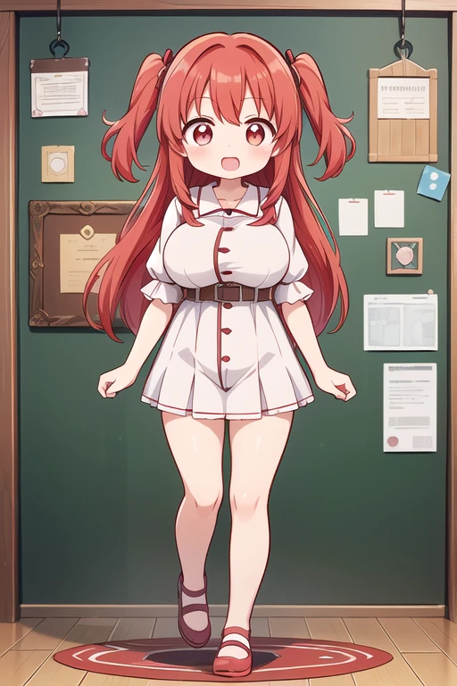 Cute naughty , (short stature:2.0, short figure:2.0, Excessively Overwhelmingly Gigantic huge Breasts:1.4, disproportionate breasts:1.4, thick legs:1.2, toddler body:1.5), (two side up:1.2, long hair:2.0, red hair:2.0), brown eyes, (naked:1.3), (blush, ;d, yuruyuri), full body, from front, at the adventurer's guild, A bulletin board with posted paper