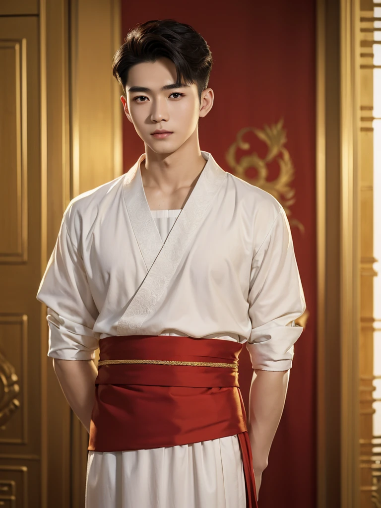 (10,masterpiece,There's nothing wrong with it..., Realistic :1.3), bestquality, portrait , Realistic, 1 Handsome chinese slim guy, 20 years old, Hair combed smoothly, (red thai tradition dress), golden jewelry, white dress , ( comfortable:1.2), temple background, (breeze:1.2),(sun lighting:1.2)