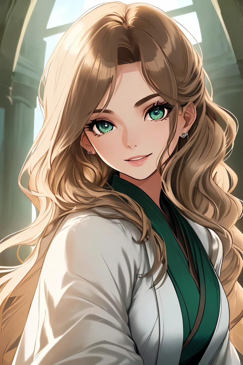 (1 young girl, 20 years old, wearing a Jedi robe)), (Detailed face, Perfect face) ((Extremely realistic shadows, Masterpiece of art, extremely detailed, photorealistic), ((20 years old)), ((Good anatomy)), Large and delicate eyes, Eyes wide open ((detailed eyes)) pretty face. The 20-year-old radiates a captivating beauty. Her face is oval, he has a nice smile and a friendly expression, with high cheekbones that give it an air of elegance. His eyebrows are slightly arched and of medium thickness, framing his unique eyes: one is a deep blue and the other an emerald green, creating a hypnotizing contrast. Her nose is delicate and straight, while her chin is subtly defined, adding harmony to her profile. Her brown hair falls in soft waves over her shoulders, complementing her simple light tan Jedi robe, which highlights her slender figure and serene demeanor.