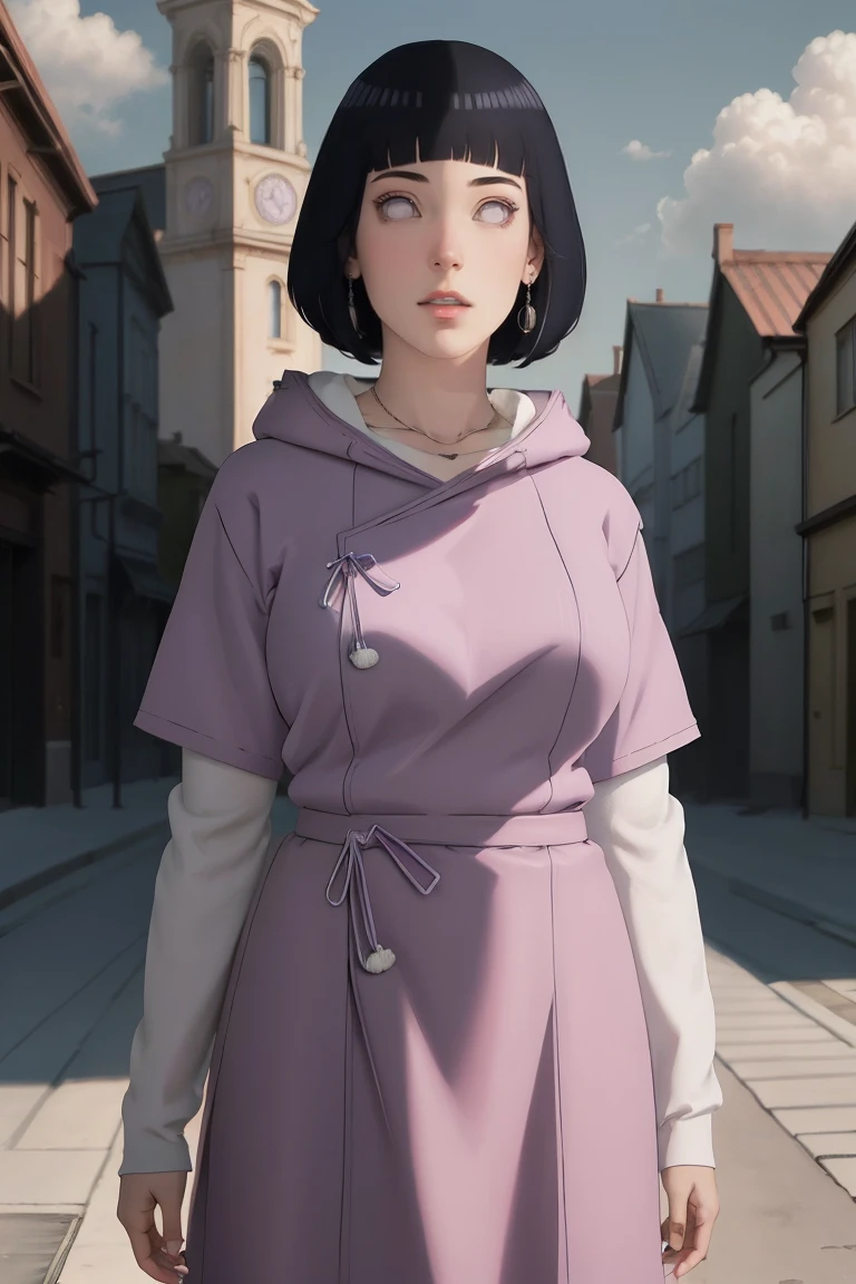 { - anatomy error} (Masterpiece - Ultra-detailed, very high resolution) , absurderes, hinata\(boruto\), 1 girl, standing alone,mature woman, purple hoodie,layered sleeves, pantyrose, plein-air, cloudy sky, perfect composition, circumstantial lips, large breasted, beautiful  face, body proportion, blush, (pink lips), short black hair (Bblack hair), Lilac Eyes, gentle look, super realistico, circunstanciado, realistic face and body, realistic hair, realisticeyes, realistic nose, realistic lips, with large hoop earrings,  アニメ. 