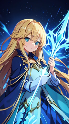 long blonde hair,blue witch dress,green eyes,teen,omnipotent,Holding a blue glowing long spear