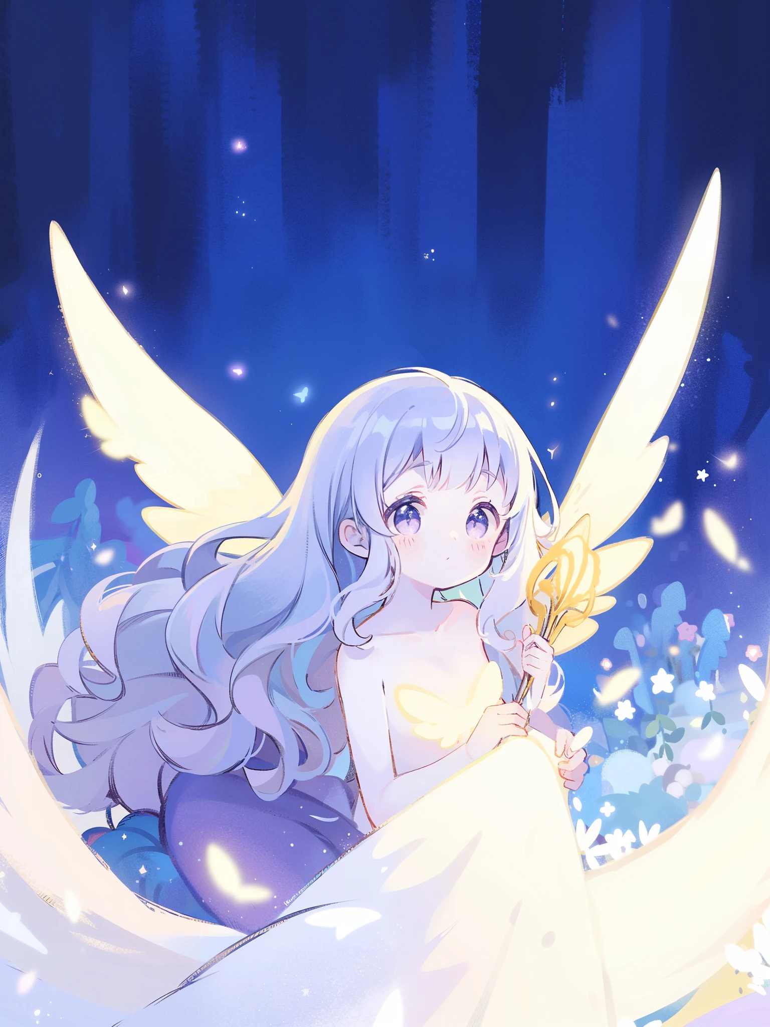 nude angel girl wearing an ethereal translucent dress, pale skin, ((wavy gradient blue purple hair)), white feathers, angel wings, sparkling detailed eyes, golden ratio face, perfect composition, highly detailed, ethereal, (starry night sky background), midjourney style