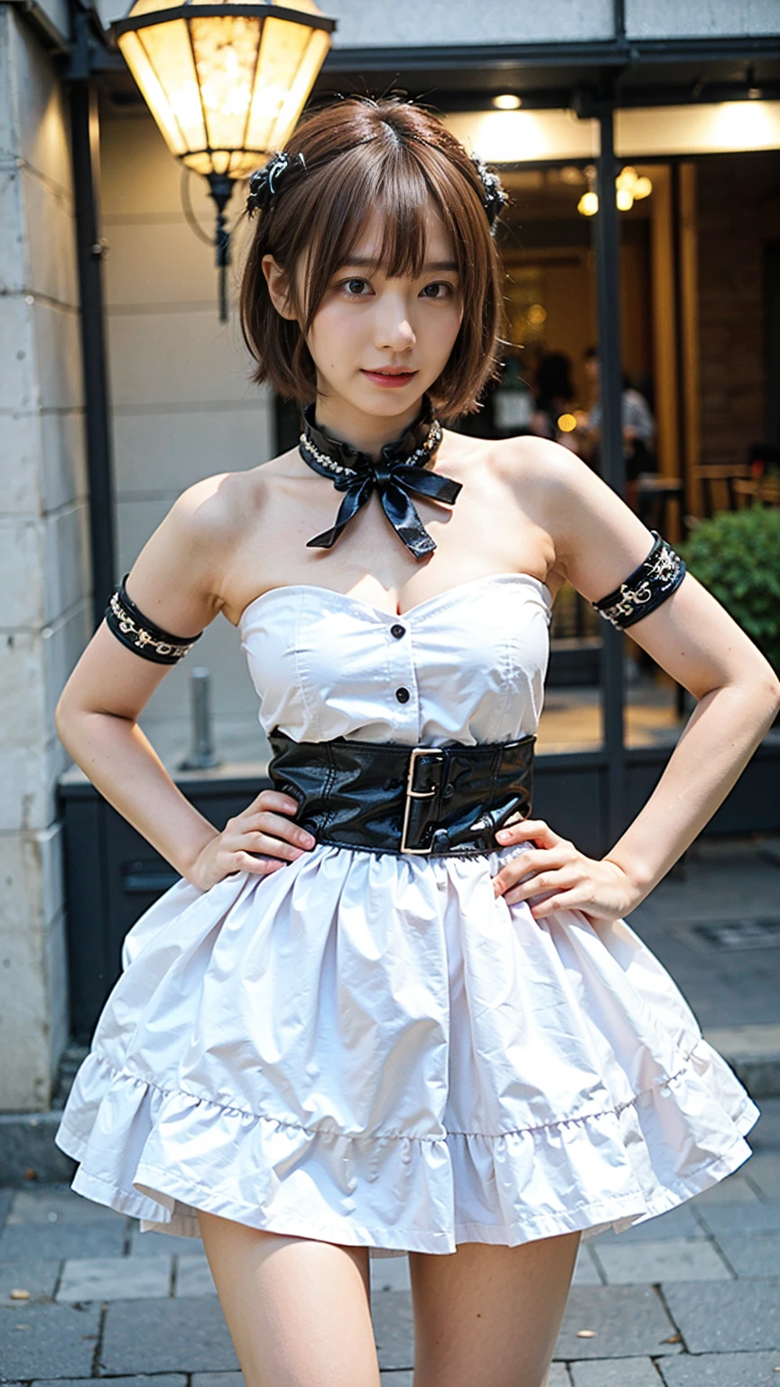 (8k、RAW Photos、Highest quality、masterpiece:1.2)、(Realistic、Realistic)、1 girl、((mini skirt、black tube top、Medium Hair、See through、Pink Hair、boots、Accentuate your breasts、whole body、Night stage、smile、View from the front、Looking into the camera、Stand with hands on hips))、