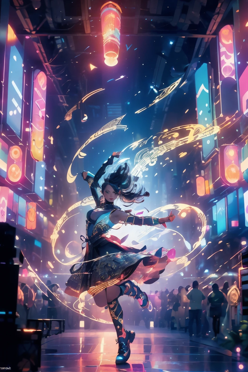 Illustration of a woman dancing and surrounded by magical musical notes, she is on a stage with millions of people watching her, she is dressed in light clothing that slightly shows her skin. (((Dutch camera))), (Light clothing), ((Musical notes)), (((High definition, 16k, video game magazine illustration)))