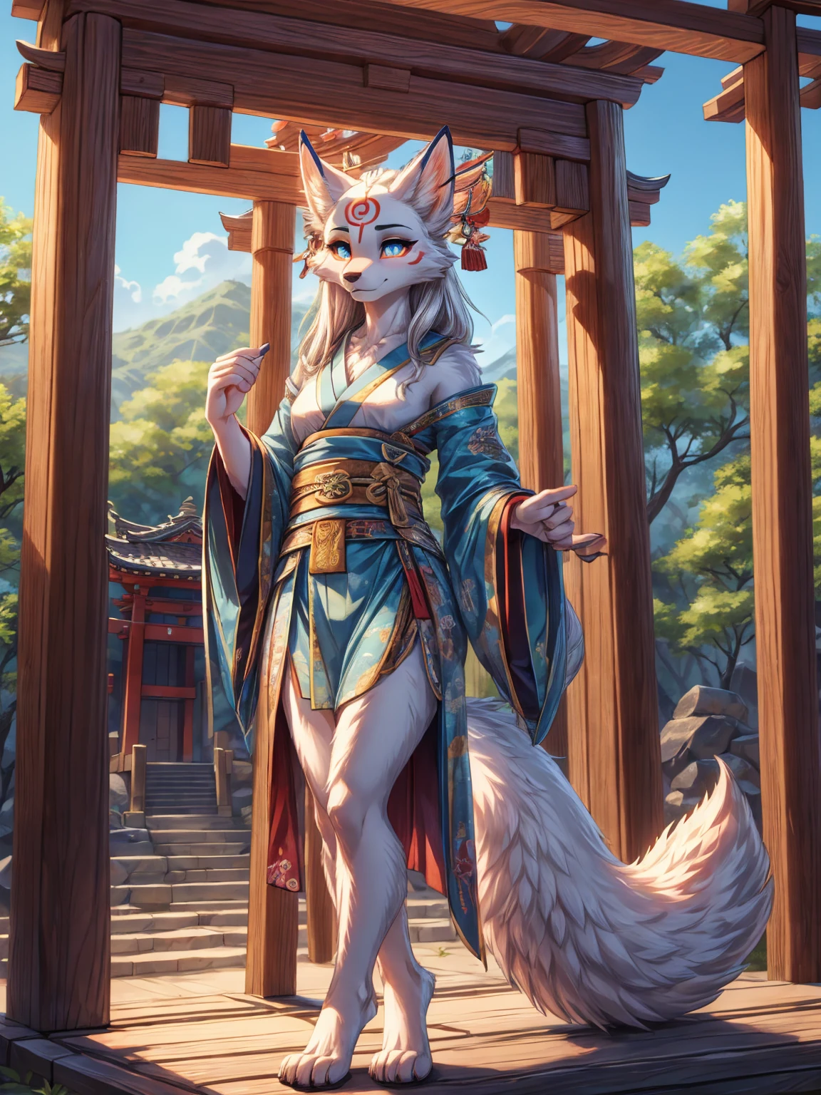 white fur kisune, amaterasu eyes, shinobi add high definition_detail:1, blue fur,kitsune ears, tribal tattoo add_detail:1, pretty girl add_detail:1, feudal priestess clothing add_detail:1, japanese shrine scenery add_detail:1, japanese shrine costume add_detail:1, bare left leg add_detail:1, add full body_detail, standing under a tori gate, super detailed pupils, beautiful eyes, bright and detailed pupils, agregar details a las pupilas, bright irises add_detail