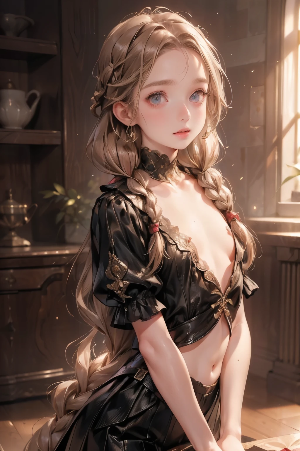 ((best quality)), ((masterpiece)), (detailed), 1girl, (big forhead:1.2),extremely detailed cute anime face, (((flat chest))), (flat chest:1.1),((((long twin braids,tight braids,long braid,braided hair,long hair)))),intricate eyes,beautiful detailed eyes,symmetrical eyes,(((detailed face))),beautiful detailed lips, dynamic pose, looking at this, resolved, resolute, highres,(best quality),(ultra detailed,extremely detailed),perfect face details, ((masterpiece:1.4, best quality))+, (ultra detailed)+, long twintails, cute girl, (flat chest:1.1), small breasts, slim body, skinny, prominent collarbones, skinny arms, flat stomach, visible hip bones, long hair, red hair, white hair, blonde hair, dark hair, ponytail, thick ponytail, heavy ponytail, small breasts, perfect face, small breasts (flat chest:1.1),  Detailed body，Full limbs, (flat chest:1.1), A female knight，Yellow hair，diadems, Wide-angle, Bokeh, Wide-angle, High details, High quality, High Quality anime art style, Masterpiece, bloodborne inspired, bloodborne aesthetic, ornate gothic attire, gothic, occult aesthestic, occult, whole body, full body, body, ornate mourning wear, templar knight inspired, red and white clothing,