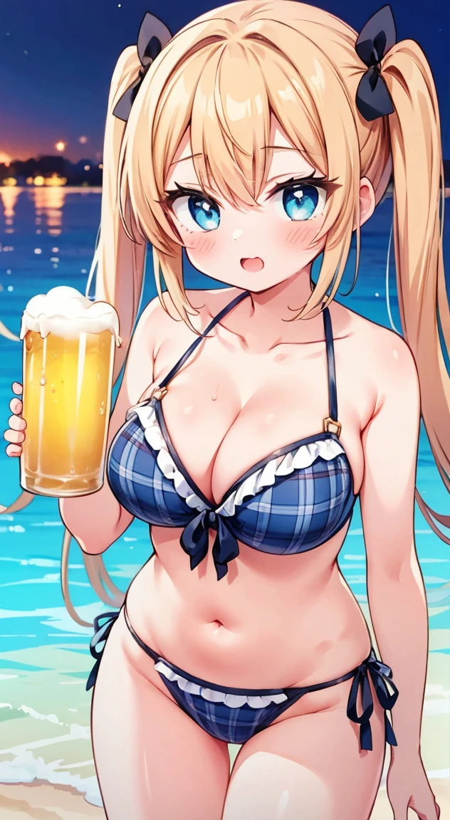 side tie panties,,masterpiece, highest quality, (anime screencap:1.3),(shape), cute,(simple:1), (anime:1.2),Solo Sharp Focus, 1 girl, cleavage,looking at the viewer, nighttime pools,Are standing,on Beer,(NSFW:1.2),Colorful bikini,pastel colour bikini,beautiful hair,Horizontal stripes,heart shaped pupils,plaid pattern bra, plaid pattern panties,(vivid and detailed Tropicaldrink1.1),cute eyes,puffy eyes,seductive pose,Beaming face,large breasts,Twintail hair,heart shaped sunglasses on head,cheerful