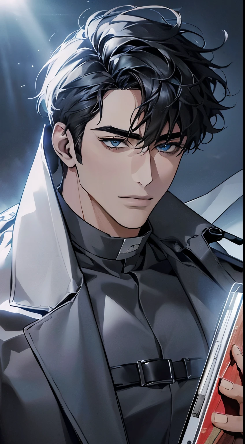 (best quality,4K,8K,high resolution,masterpiece:1.2),Extremely detailed,(Practical,photoPractical,photo-Practical:1.37),1 man,31 years old,Mature man,very handsome,No Expression,Smile,Short gray-black hair,blue eyes,Sharp eyes,Perfect face,No flaws,momentum,merchant,Office Background,light,hdr image