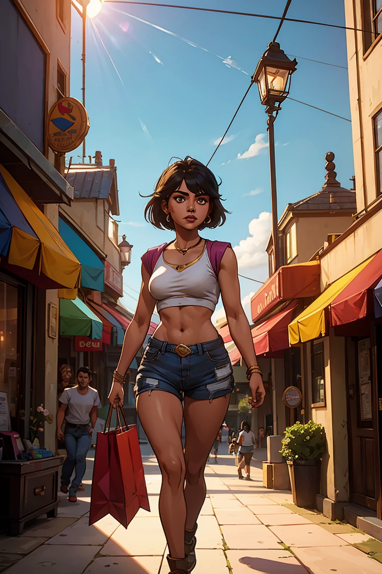 sexy Dora the explorer played by Isabela Moner, dark rings around eyes, brightly lit room, walking down a shopping street, busy, bright sky, people walking around, shop fronts, sunlight in her face