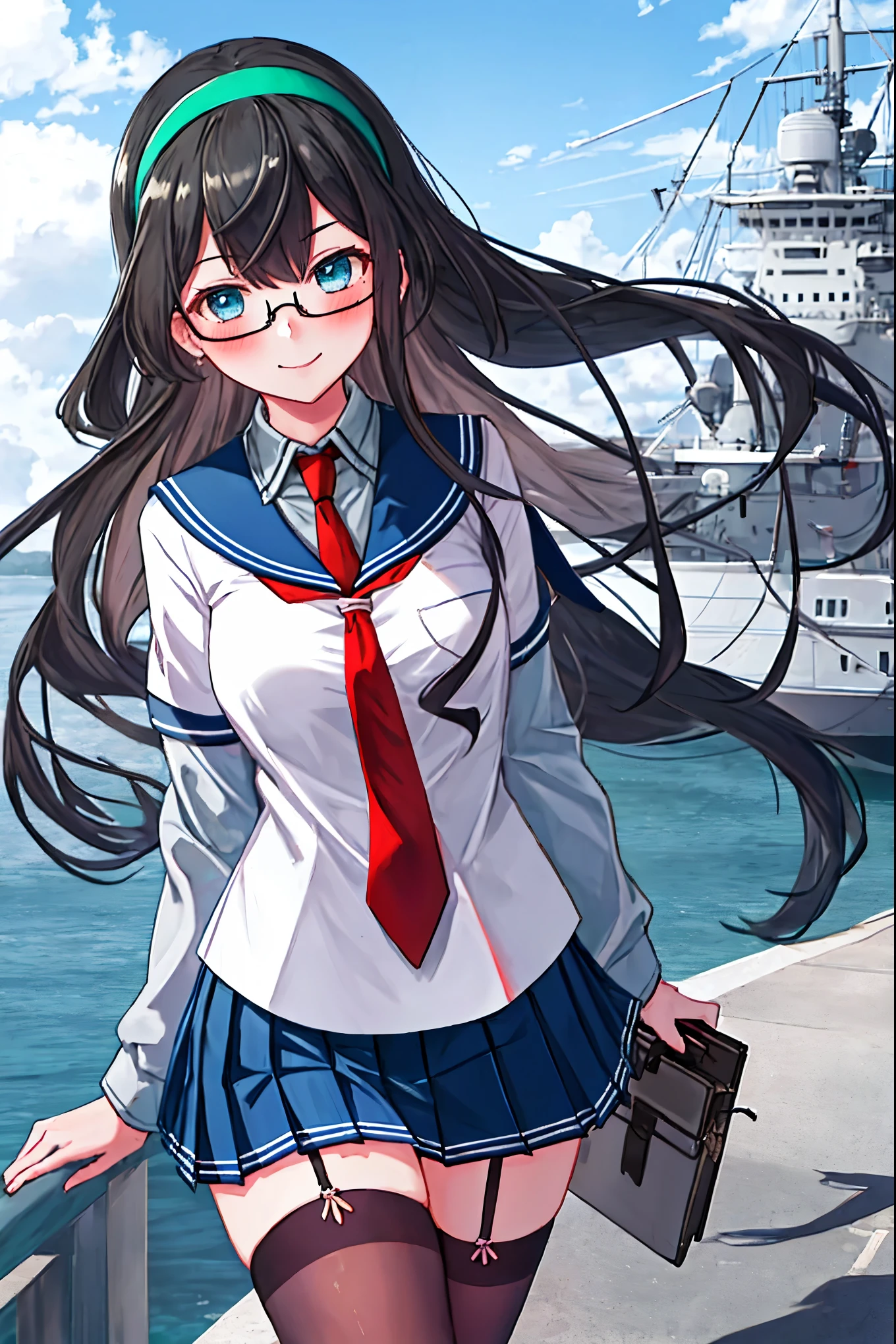 best quality, masterpiece, highres, solo, {ooyodo_kantaicollection:1.15}, black_hair, long_hair, glasses, hairband, semi-rimless_eyewear, under-rim_eyewear, blue_eyes, green_eyes, blush,small_breasts, 1girl, school_uniform, serafuku, pleats_skirt, looking_at_viewer, necktie, harbor_town_background, red_necktie,(angry:0.7),smile,,thigh-highs,solo