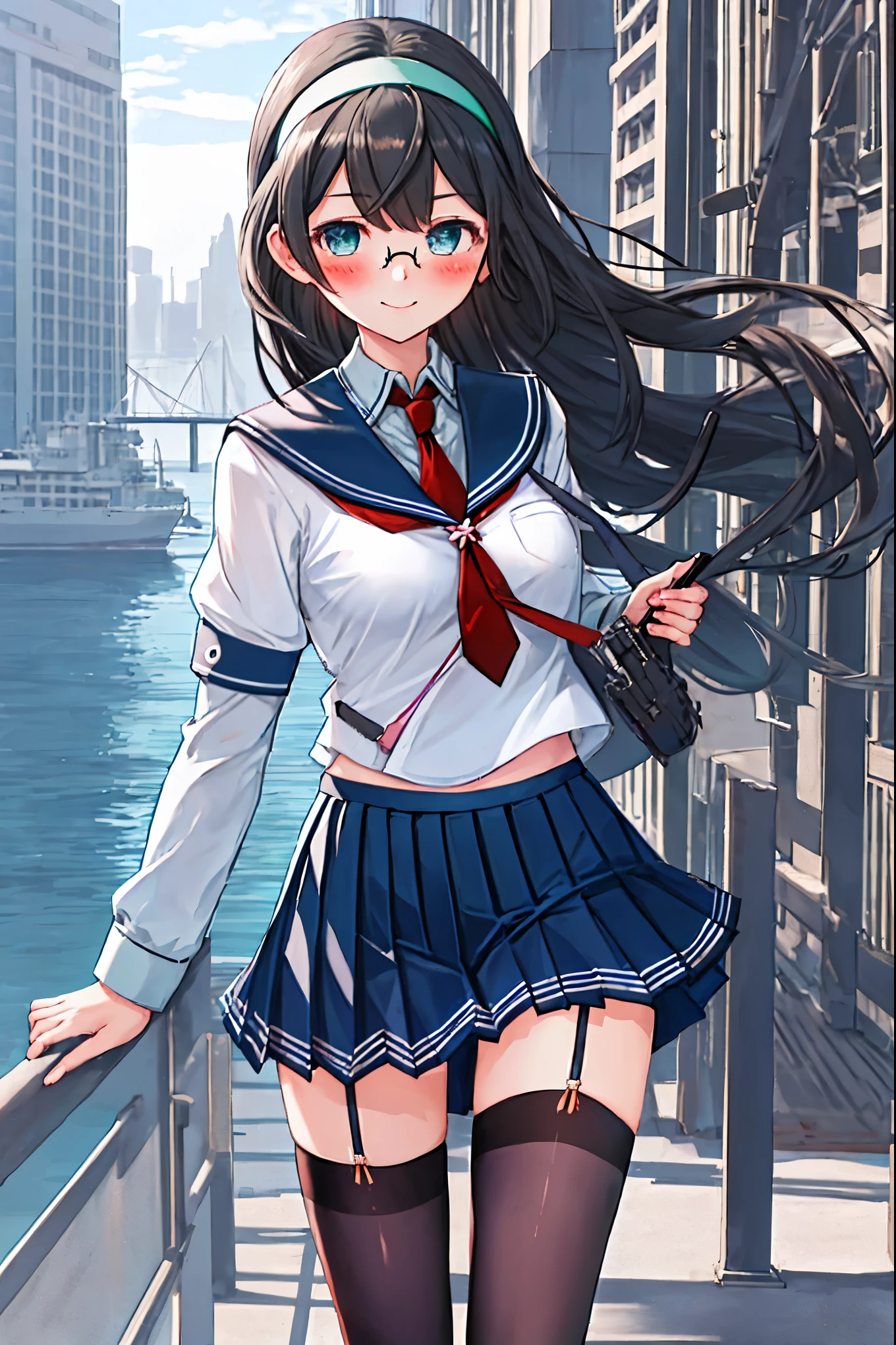 best quality, masterpiece, highres, solo, {ooyodo_kantaicollection:1.15}, black_hair, long_hair, glasses, hairband, semi-rimless_eyewear, under-rim_eyewear, blue_eyes, green_eyes, blush,small_breasts, 1girl, school_uniform, serafuku, pleats_skirt, looking_at_viewer, necktie, harbor_town_background, red_necktie,(angry:0.7),smile,,thigh-highs,solo