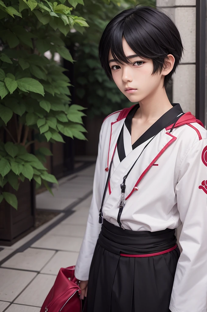 Create anime art of a 15 year old Japanese boy, has black eyes and wears feminine clothes
