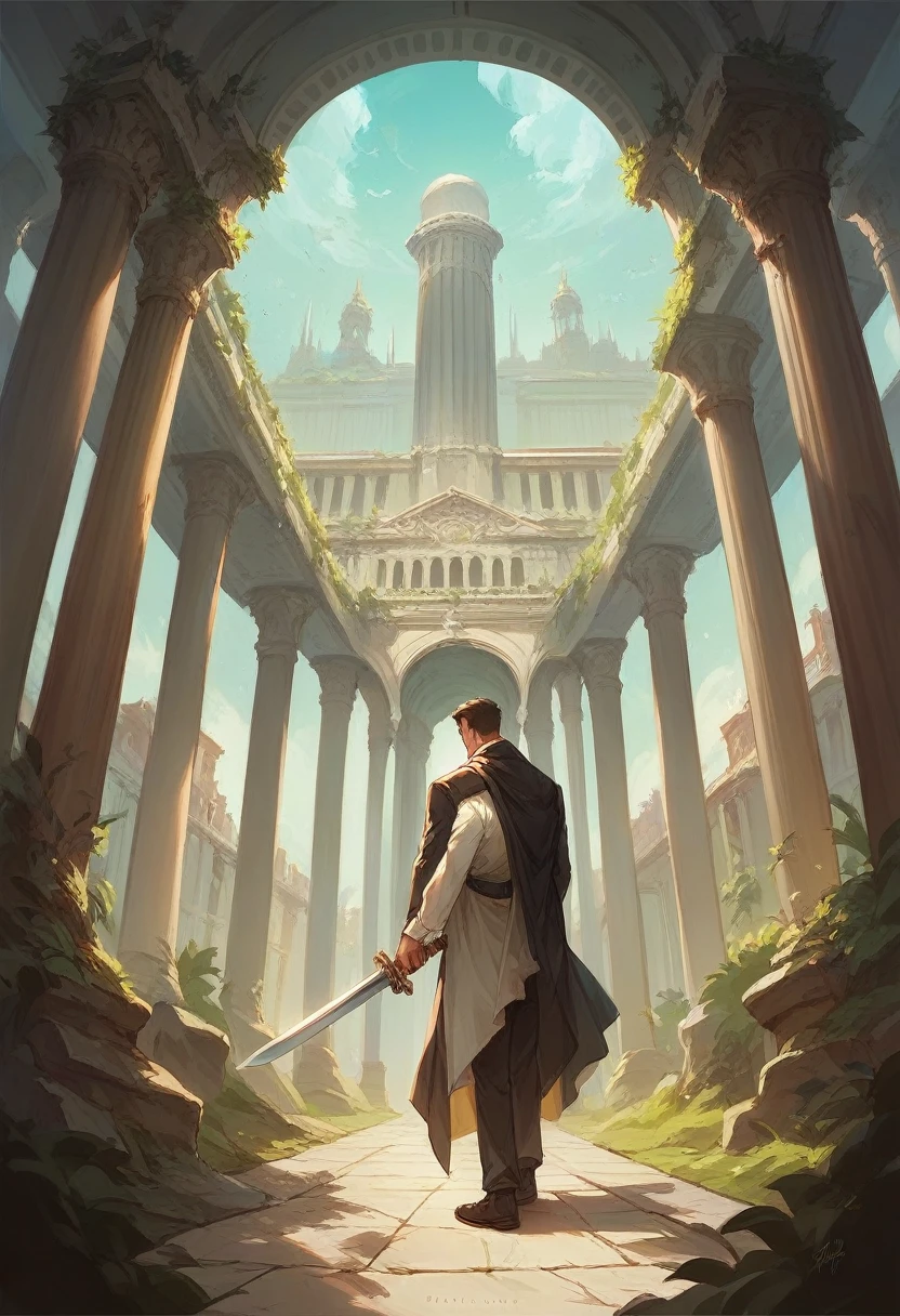 Hyperrealiastic, a beautiful woman dressed in a tight open gamer , standing elegantly carrying a sword, beside him was a black Rockwell dog. Background of old damaged buildings and broken large pillars, UHD bright colors