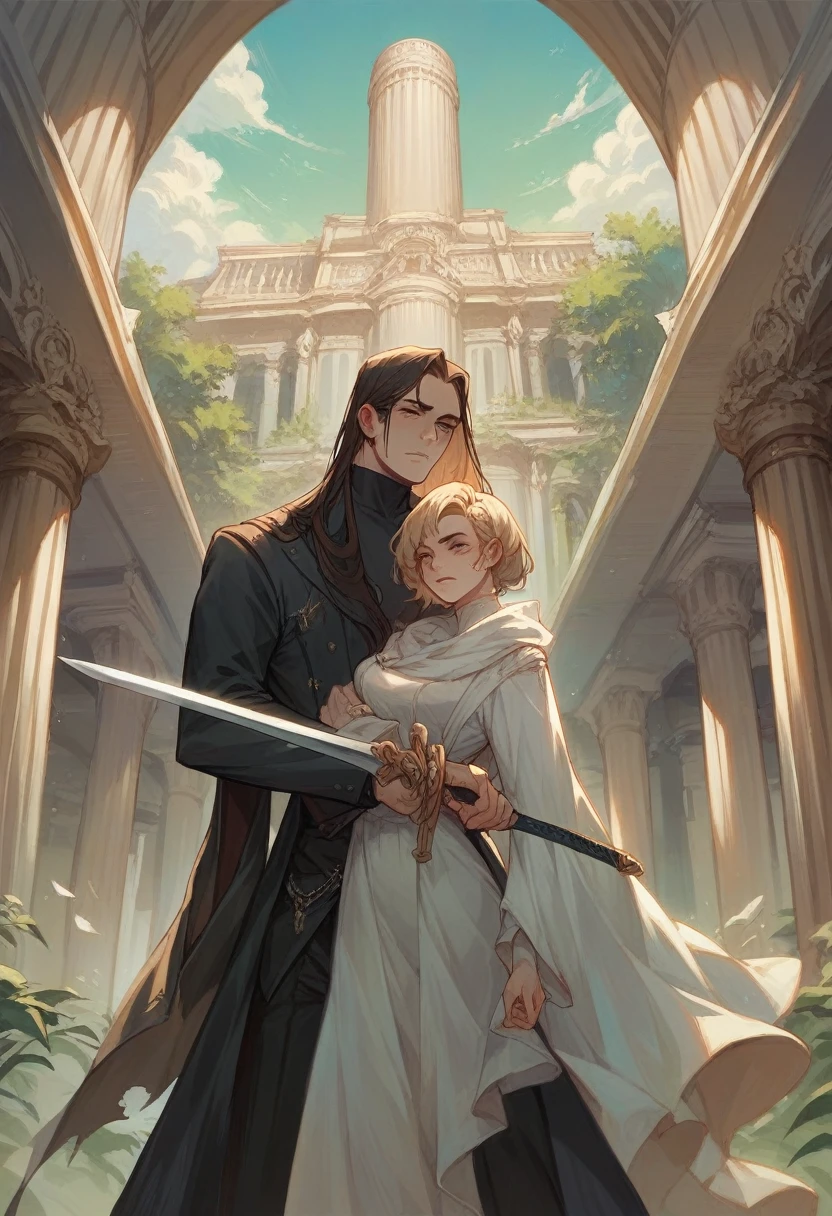 Hyperrealiastic, a beautiful woman dressed in a tight open gamer , standing elegantly carrying a sword, beside him was a black Rockwell dog. Background of old damaged buildings and broken large pillars, UHD bright colors 