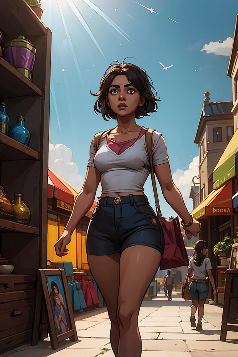 sexy Dora the explorer played by Isabela Moner, dark rings around eyes, brightly lit room, walking down a shopping street, busy, bright sky, people walking around, shop fronts