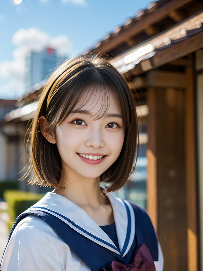 photo, real, female, Japanese, high school student, uniform, sailor suit, young, sky, smile, wind, clear sky, cloud, blue
