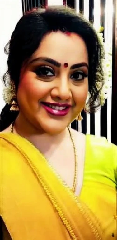 Instagram photo, 45 years old woman deepa, wearing sleevless yellow Cotton saree, selfie taken on iphone 15, smile to camera,detailed face ,4k