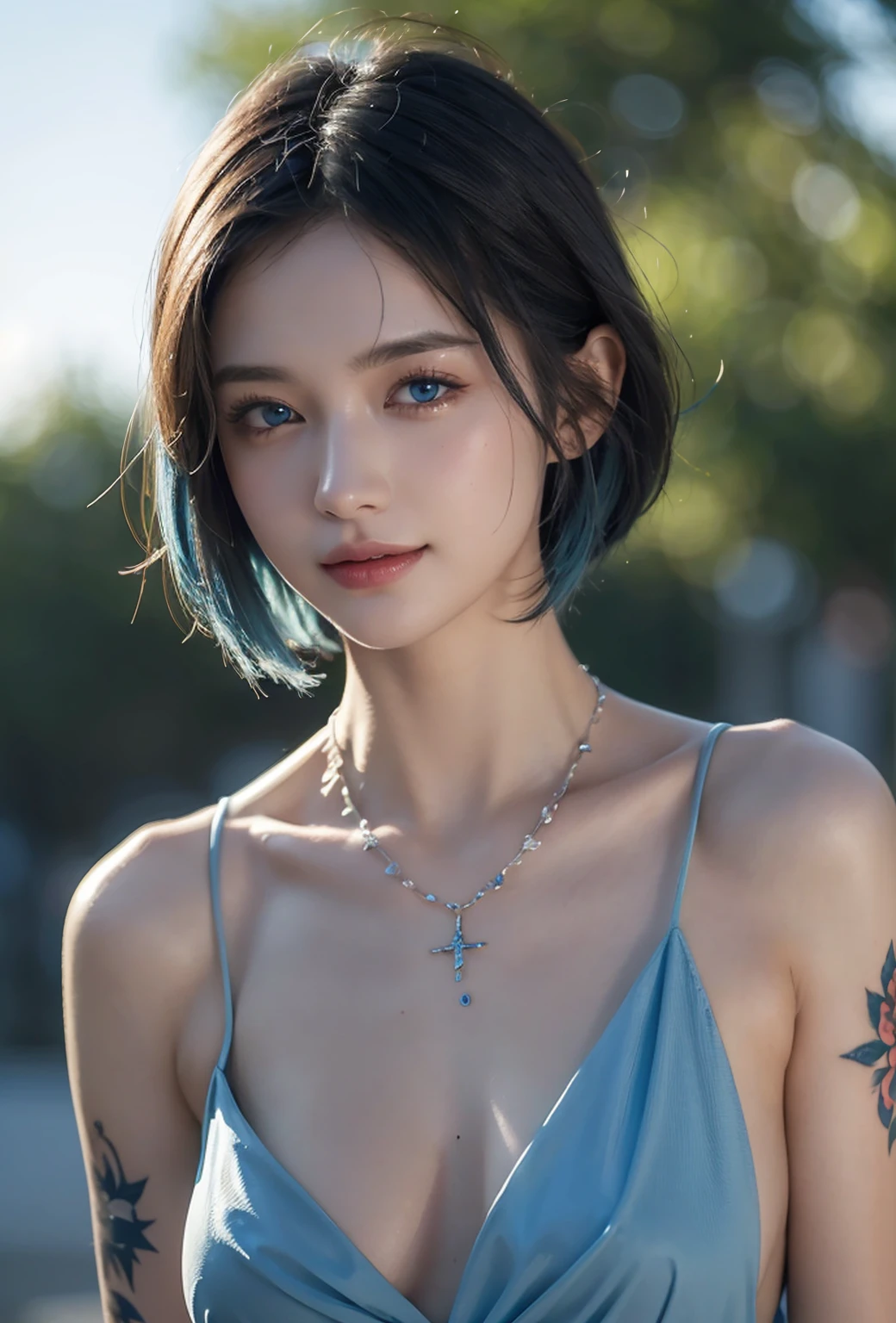masterpiece, best quality, high quality, Very detailed CG uniform 8k wallpaper, 1 Girl, Solitary, Blue Hair, Tattoo, short hair, have, Jewelry, Smile, necklace, Looking at the audience, have, Practical, open mouth, teeth, Upper Body, Vest, nose, Bare shoulders, Artist Name, Black headdress, clavicle, arm Tattoo, blue eyes, Lips, Vague, painting, Award-winning photography, Bokeh, Depth of Field, HDR, bloom, Chromatic Aberration, realism, Very detailed, artstation Intricacy, High Detail, dramatic, midjourney's Artwork